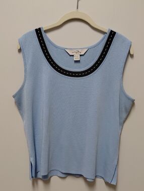 Ming Wang Light Blue Sleeveless Knit Top with Black Trim